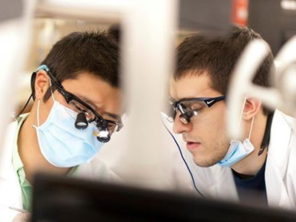 two male dental students looking at patient